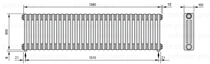 Схема (чертеж) Радиатор Zehnder Charleston 3060/30 №5310 Белый глянцевый RAL 9016